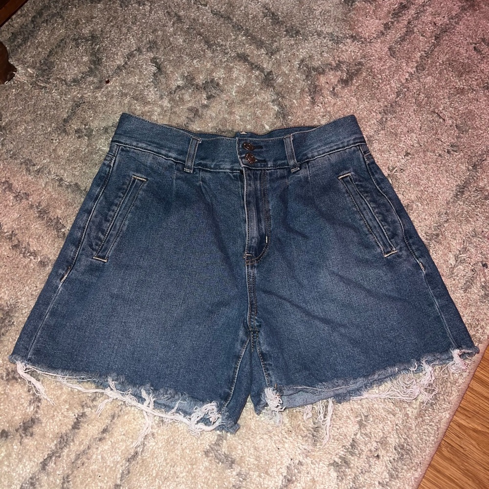 American Eagle Outfitters Blue Jean Shorts High-Waisted Frayed Hem